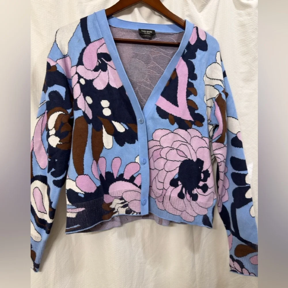 Kate Spade New York‎ $358 Autumn Blue Floral  Paisley V-Neck Knit Cardigan Sz L
